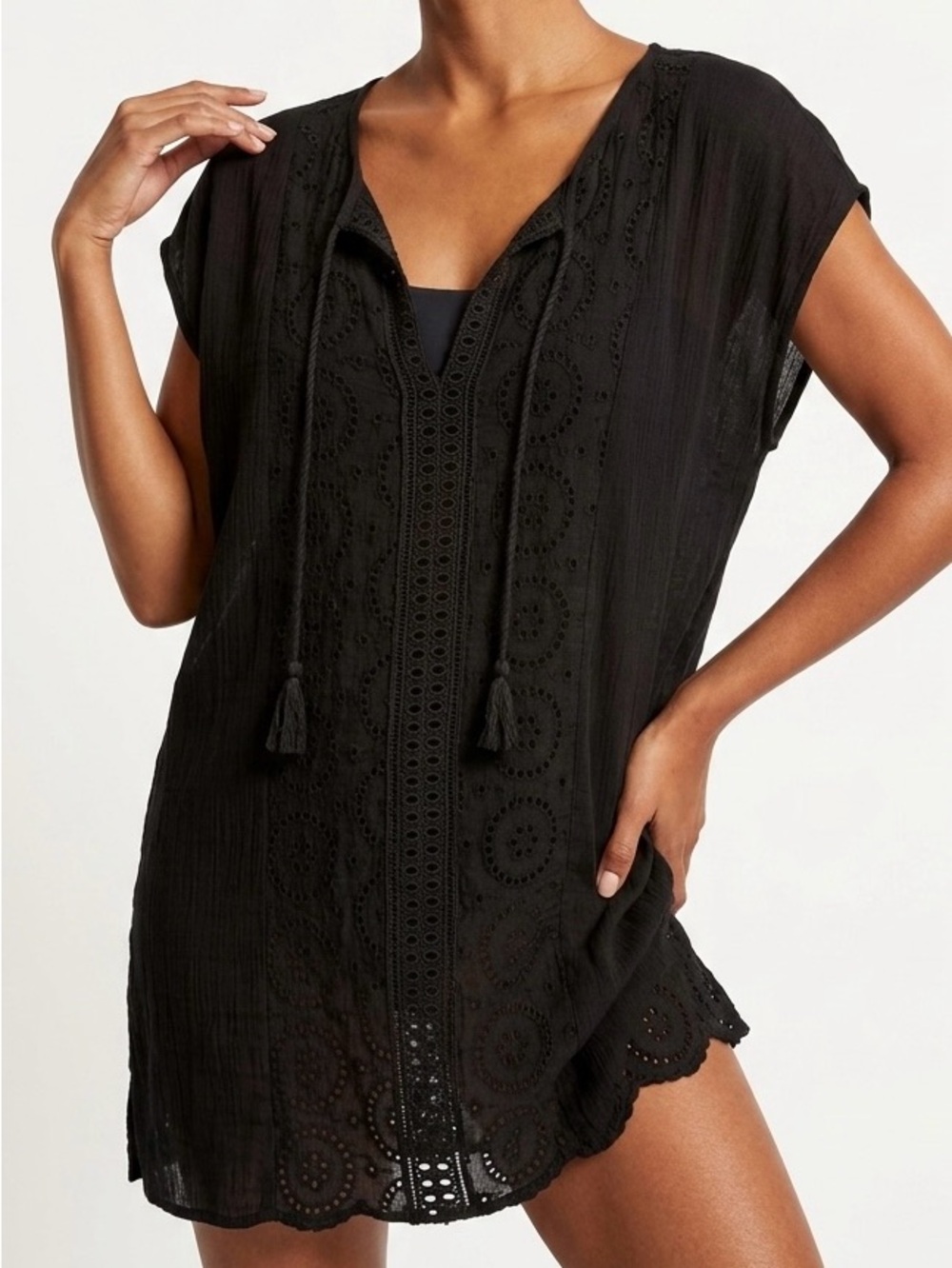 Kona Sol Black Eyelet Lace Tassel Boho Swim Cover Up Tunic Dress Medium